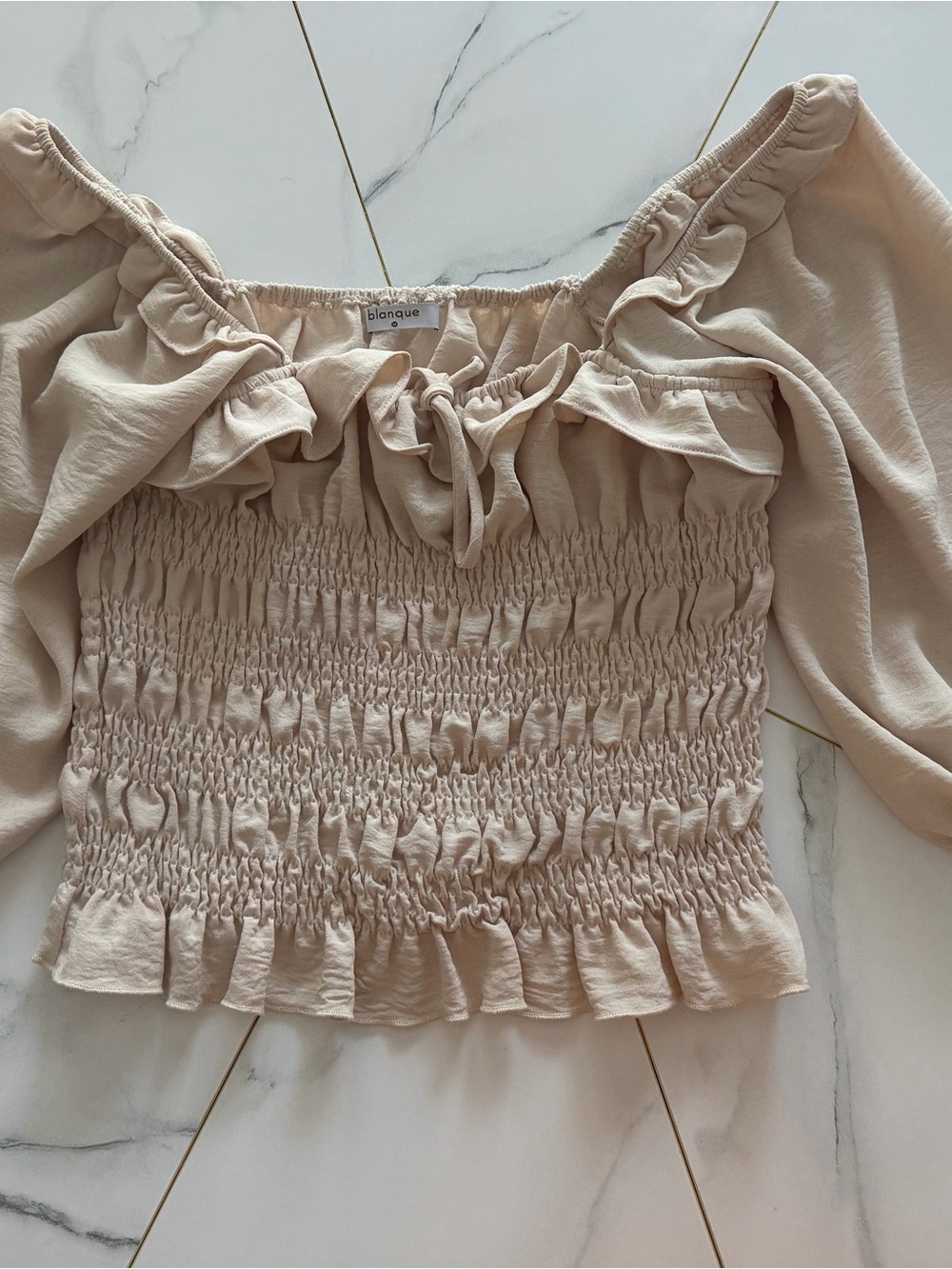 Stretchy Fairycore Cream Smocked long sleeves Blouse